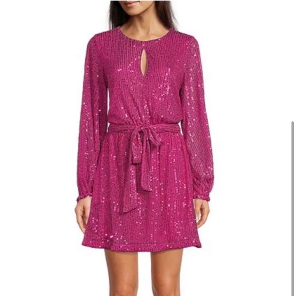Sequin Keyhole Neck Long Sleeve Tie Waist Dress